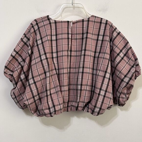 English Factory Puff Sleeve Crop Top M Pink Plaid Voluminous Trendy Summer NEW - Picture 10 of 11